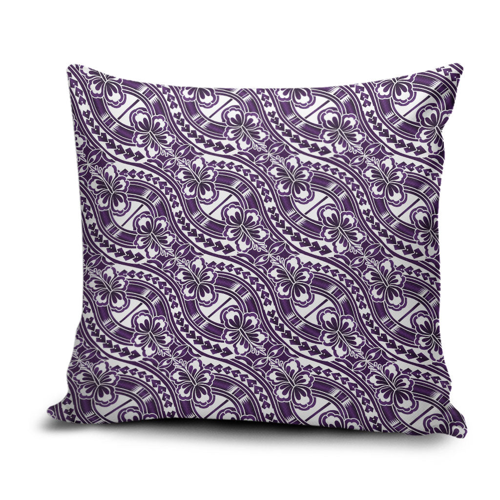 Hibiscus Bloom Island Tribal Waves Pillow Cover Purple Polynesian Pattern