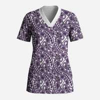 Hibiscus Bloom Island Tribal Waves Scrub Top Purple Polynesian Pattern LT01 Adult Purple - Polynesian Pride