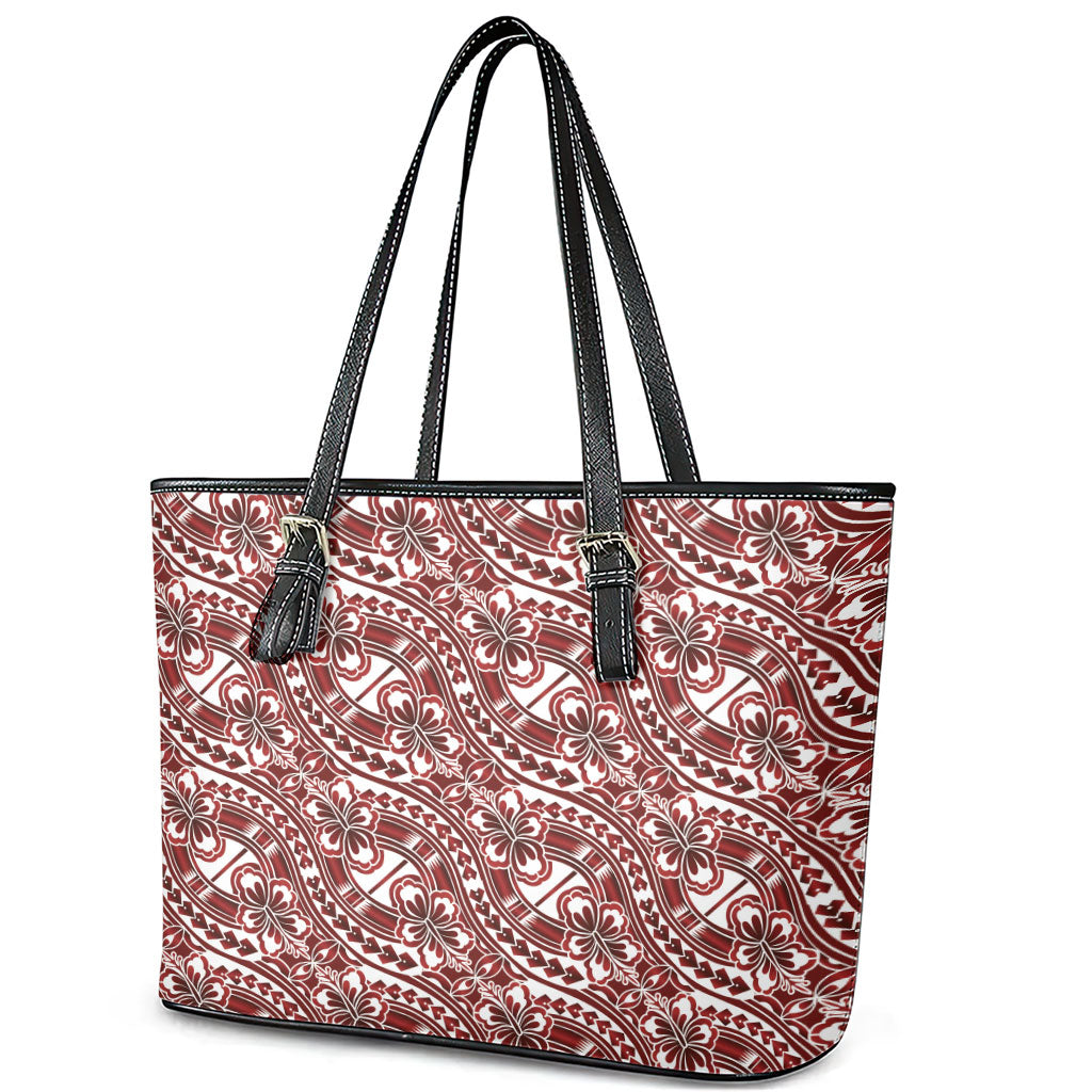 Hibiscus Bloom Island Tribal Waves Leather Tote Bag Red Polynesian Pattern LT01 - Polynesian Pride