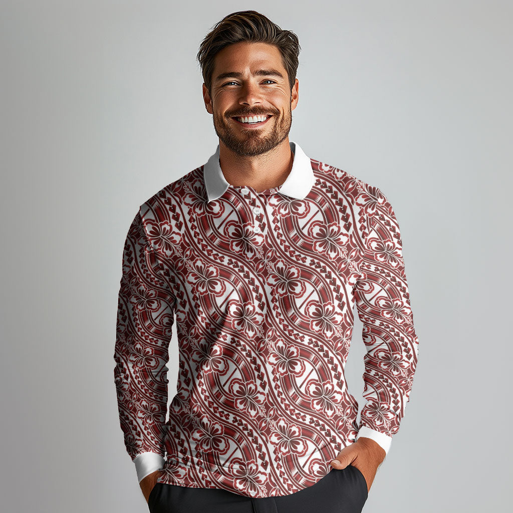 Hibiscus Bloom Island Tribal Waves Long Sleeve Polo Shirt Red Polynesian Pattern LT01 - Polynesian Pride