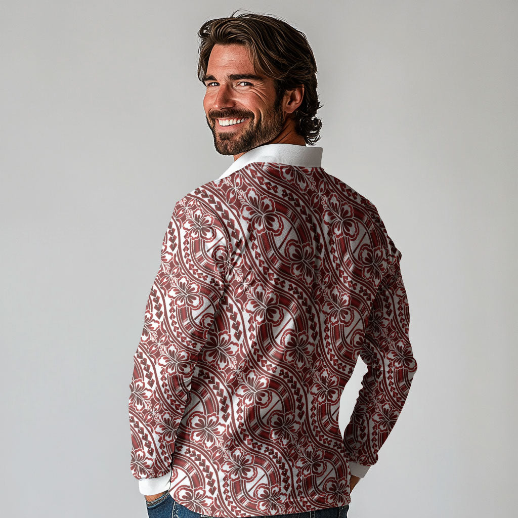 Hibiscus Bloom Island Tribal Waves Long Sleeve Polo Shirt Red Polynesian Pattern LT01 - Polynesian Pride