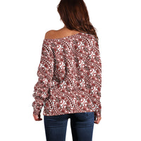 Hibiscus Bloom Island Tribal Waves Off Shoulder Sweater Red Polynesian Pattern LT01 - Polynesian Pride
