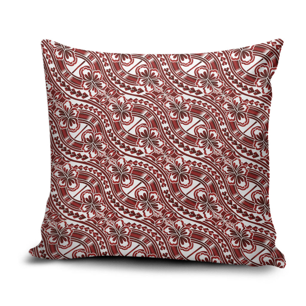 Hibiscus Bloom Island Tribal Waves Pillow Cover Red Polynesian Pattern