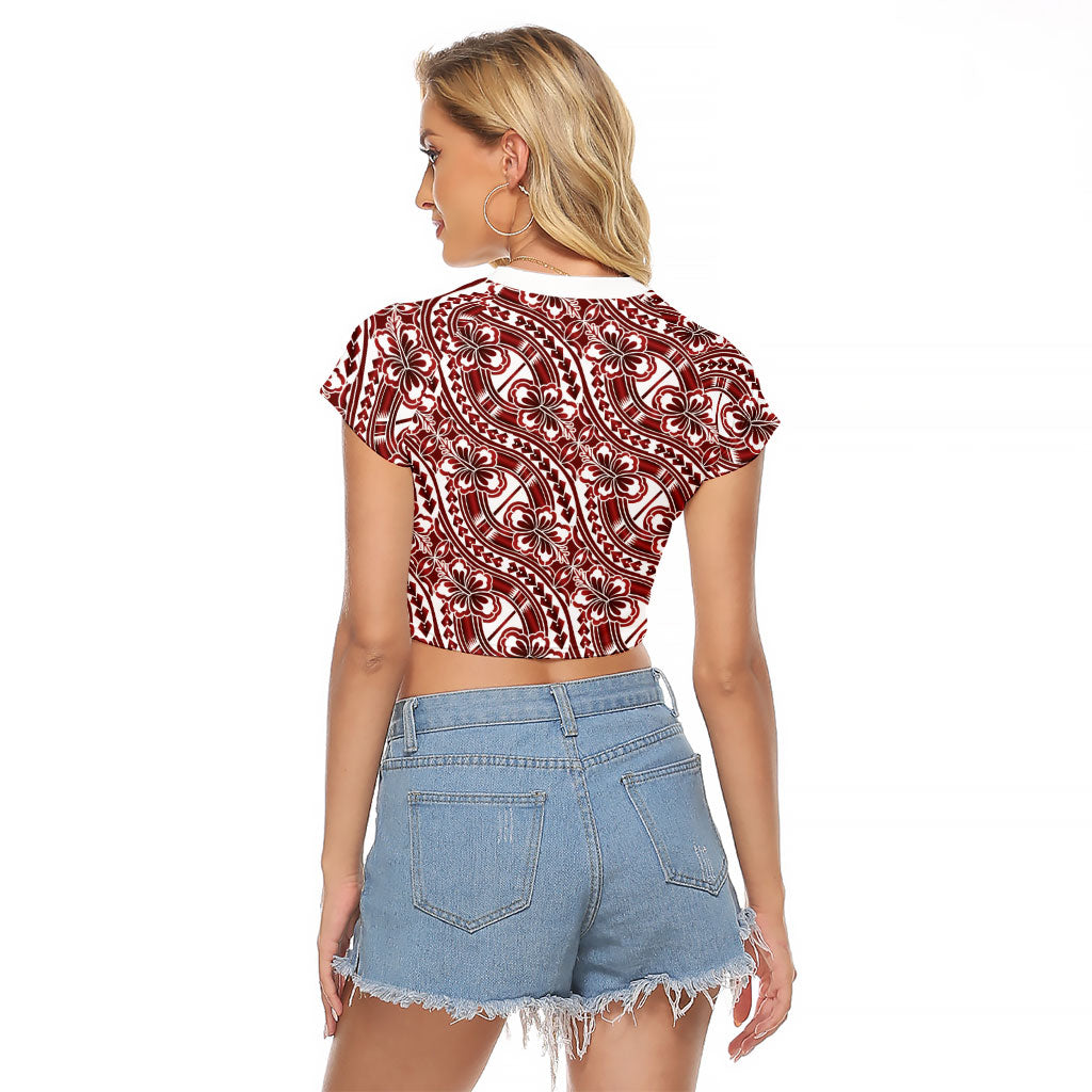 Hibiscus Bloom Island Tribal Waves Raglan Cropped T Shirt Red Polynesian Pattern LT01 - Polynesian Pride