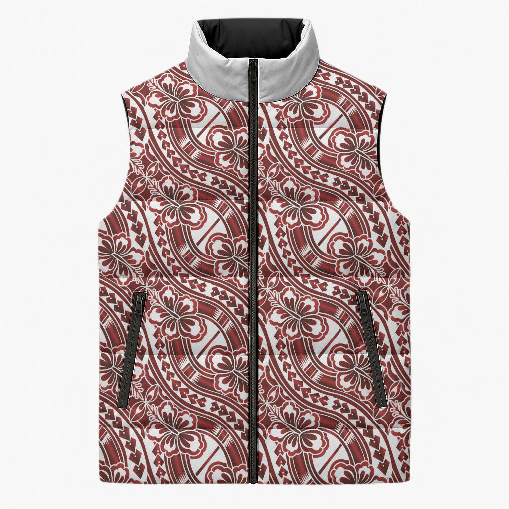 Hibiscus Bloom Island Tribal Waves Sleeveless Puffer Jacket Red Polynesian Pattern LT01 Unisex Red - Polynesian Pride