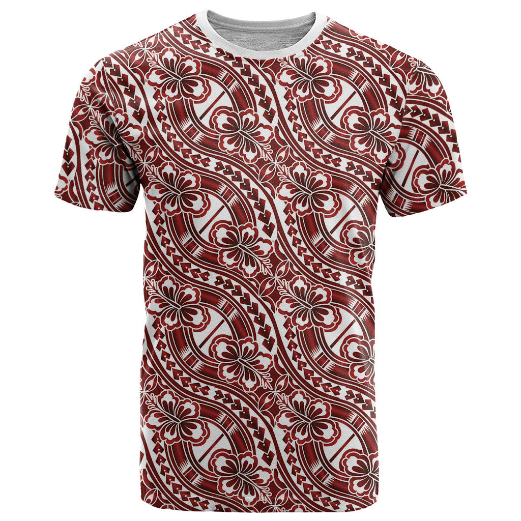 Hibiscus Bloom Island Tribal Waves T Shirt Red Polynesian Pattern