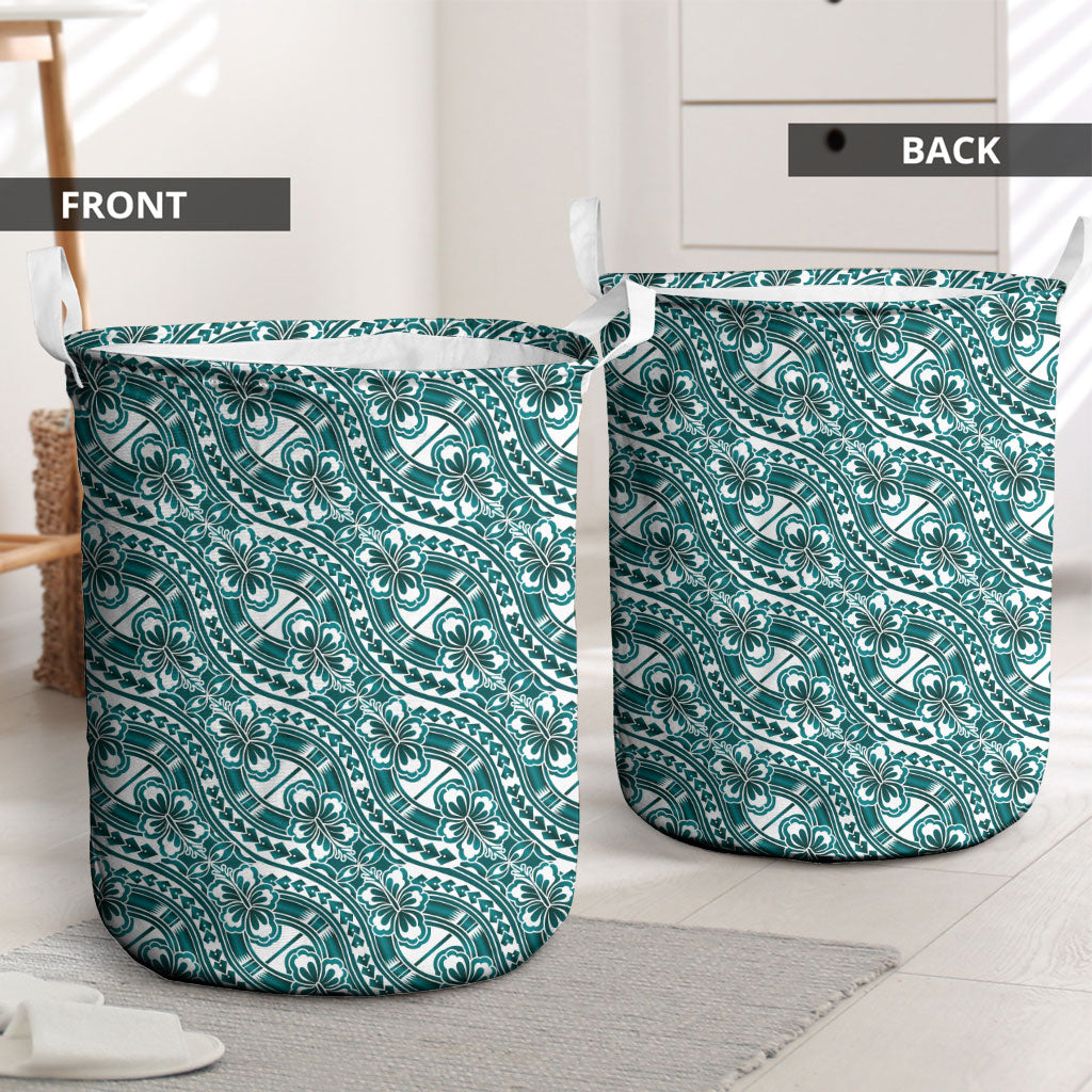 Hibiscus Bloom Island Tribal Waves Laundry Basket Teal Polynesian Pattern LT01 - Polynesian Pride