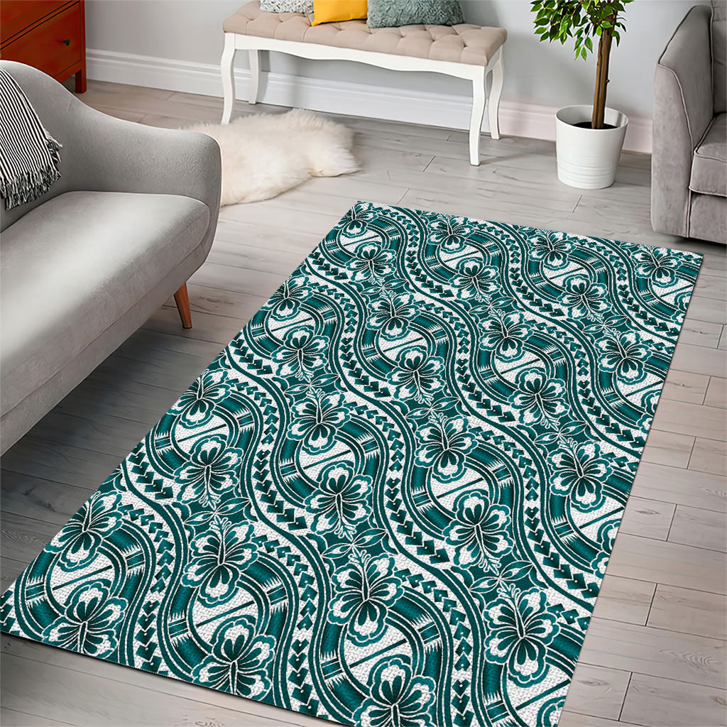 Hibiscus Bloom Island Tribal Waves Area Rug Teal Polynesian Pattern LT01 - Polynesian Pride