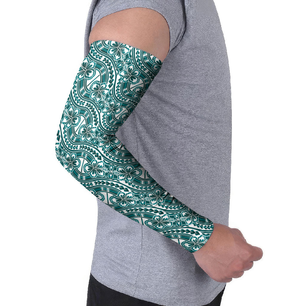 Hibiscus Bloom Island Tribal Waves Arm Sleeves Teal Polynesian Pattern LT01 - Polynesian Pride