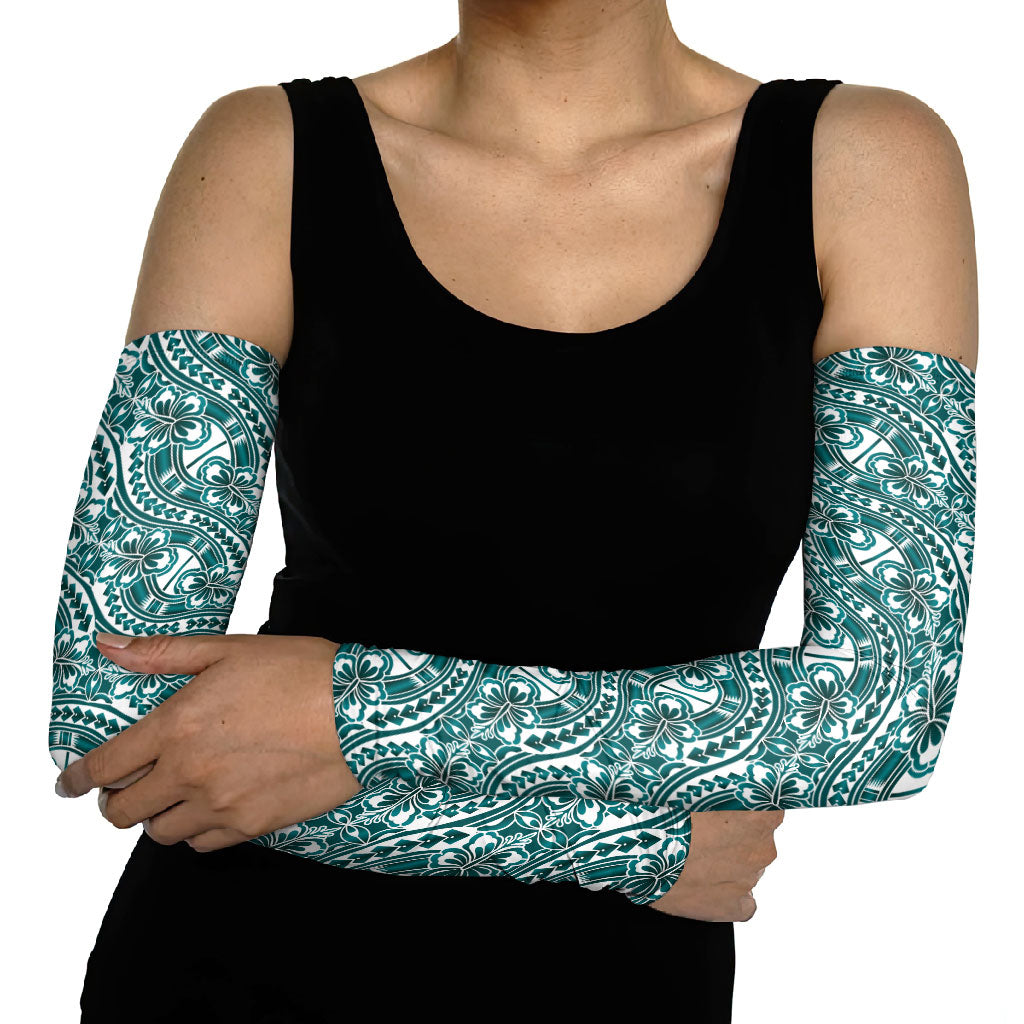 Hibiscus Bloom Island Tribal Waves Arm Sleeves Teal Polynesian Pattern LT01 - Polynesian Pride