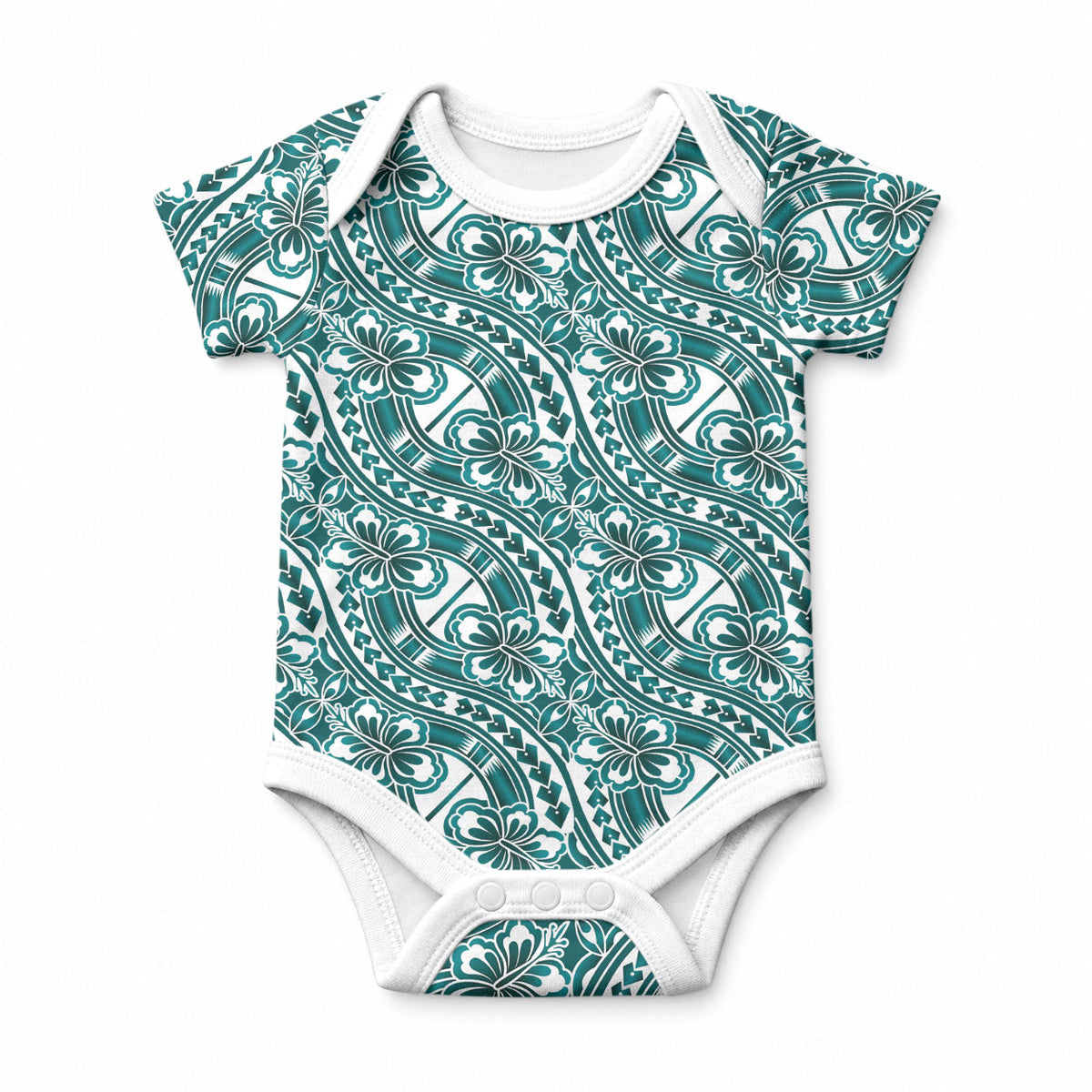 Hibiscus Bloom Island Tribal Waves Baby Onesie Teal Polynesian Pattern LT01 Teal - Polynesian Pride