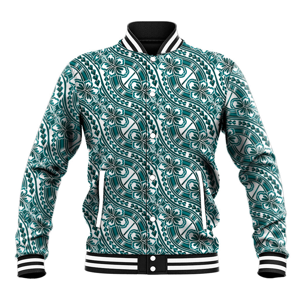 Hibiscus Bloom Island Tribal Waves Baseball Jacket Teal Polynesian Pattern LT01 Unisex Teal - Polynesian Pride