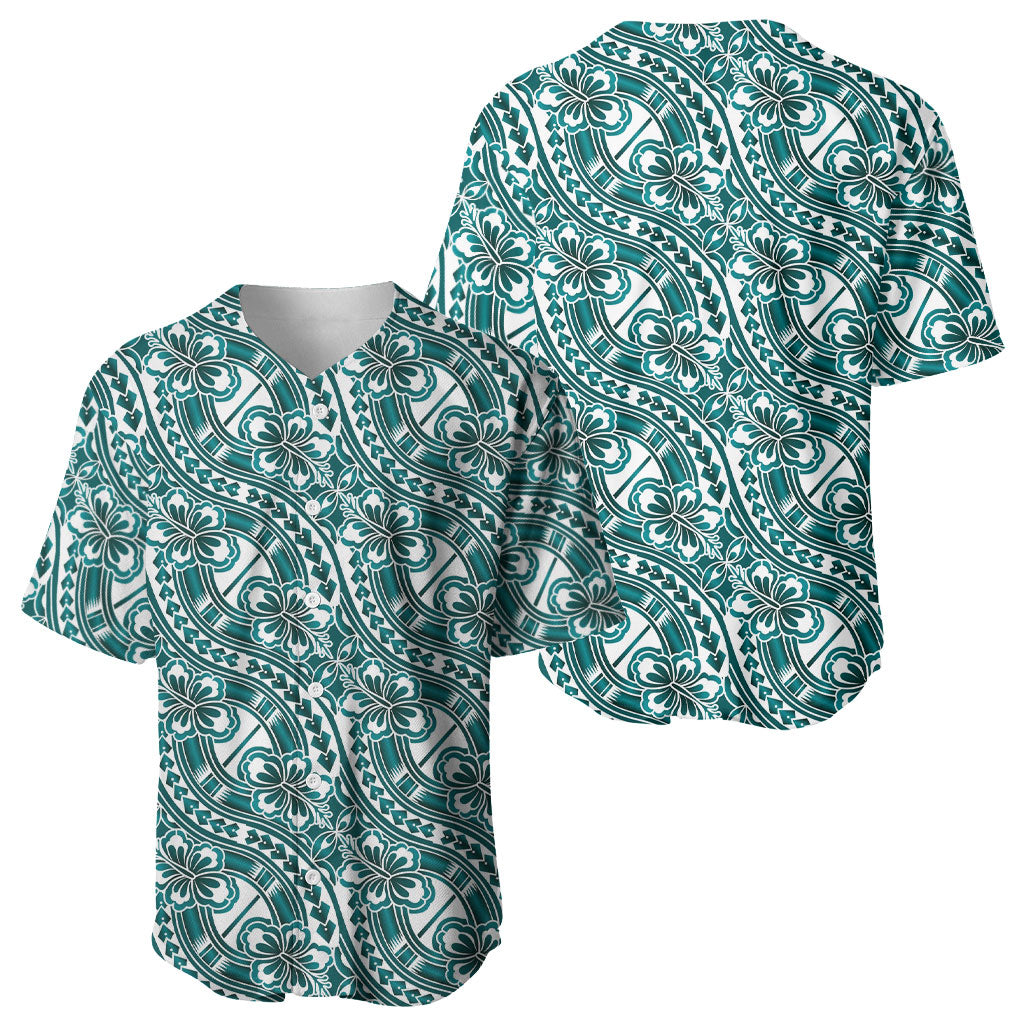 Hibiscus Bloom Island Tribal Waves Baseball Jersey Teal Polynesian Pattern LT01 - Polynesian Pride