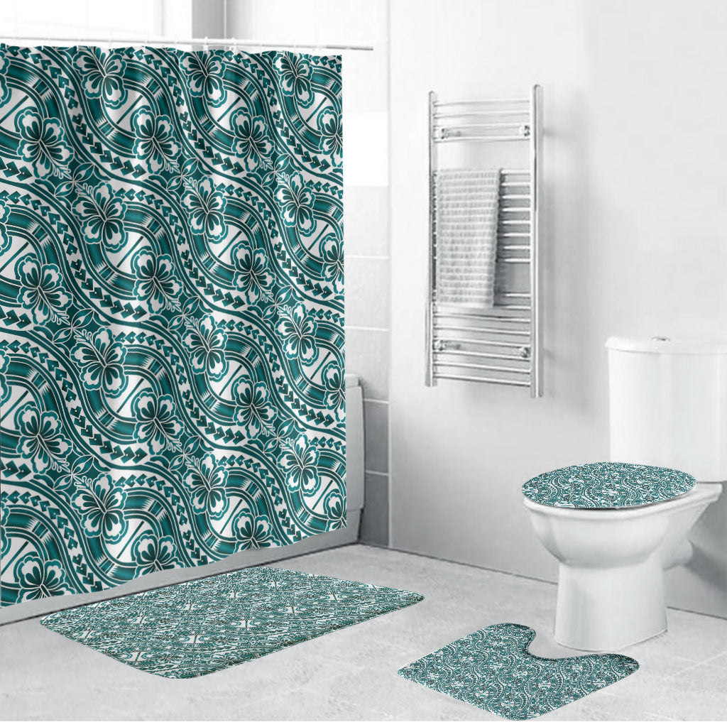Hibiscus Bloom Island Tribal Waves Bathroom Set Teal Polynesian Pattern LT01 Bathroom Set (4 pcs) Teal - Polynesian Pride