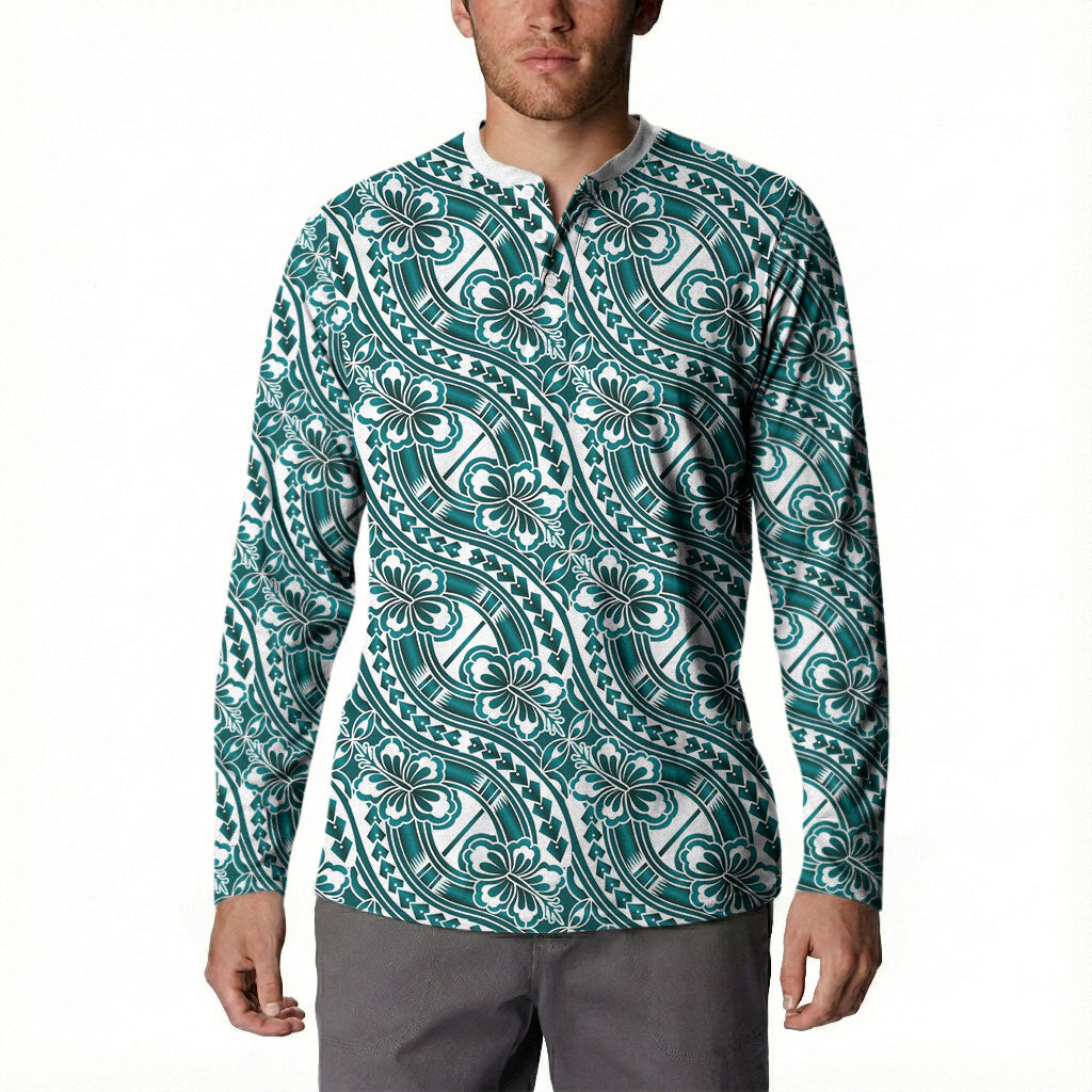 Hibiscus Bloom Island Tribal Waves Button Sweatshirt Teal Polynesian Pattern LT01 - Polynesian Pride