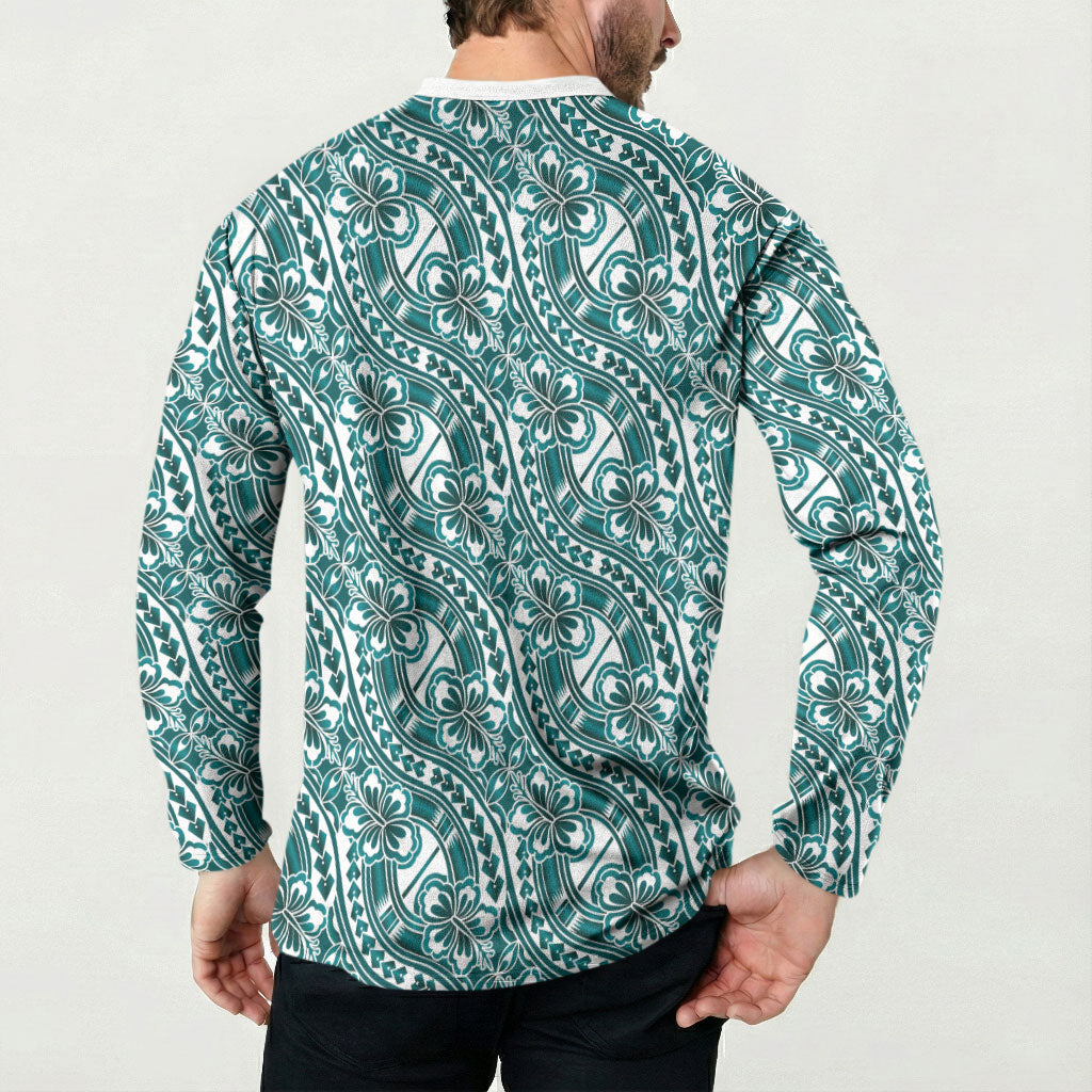 Hibiscus Bloom Island Tribal Waves Button Sweatshirt Teal Polynesian Pattern LT01 - Polynesian Pride