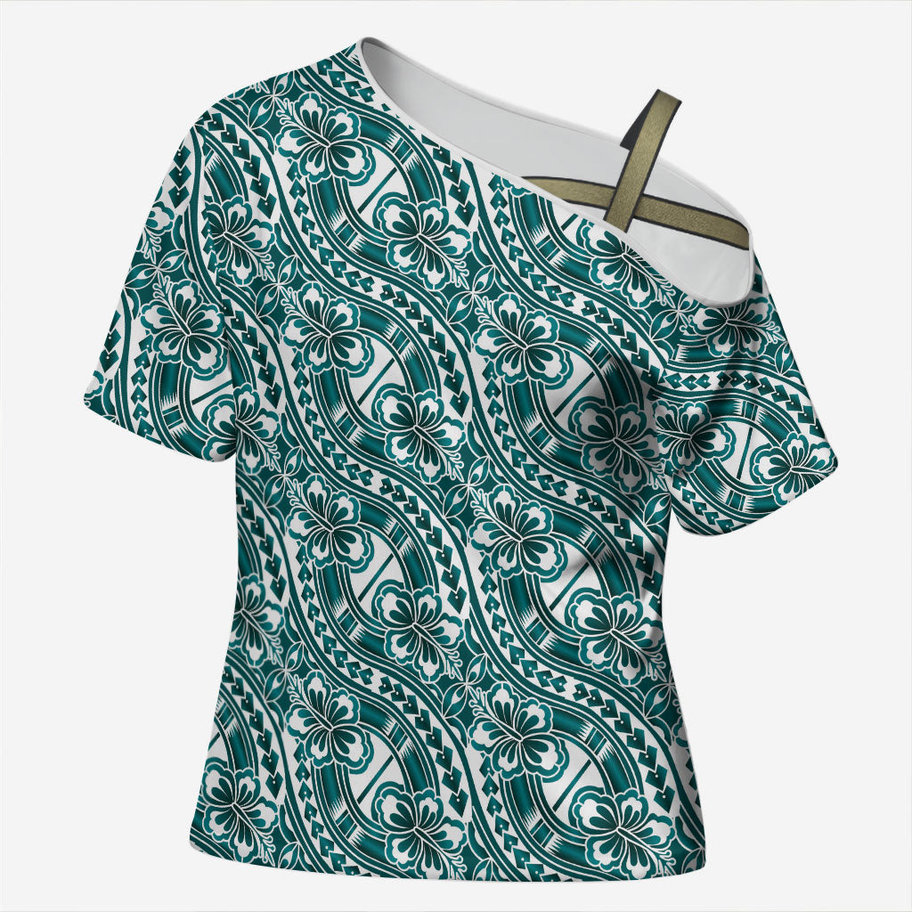 Hibiscus Bloom Island Tribal Waves Cross Shoulder Shirt Teal Polynesian Pattern LT01 Female Teal - Polynesian Pride