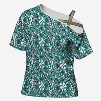 Hibiscus Bloom Island Tribal Waves Cross Shoulder Shirt Teal Polynesian Pattern LT01 Female Teal - Polynesian Pride