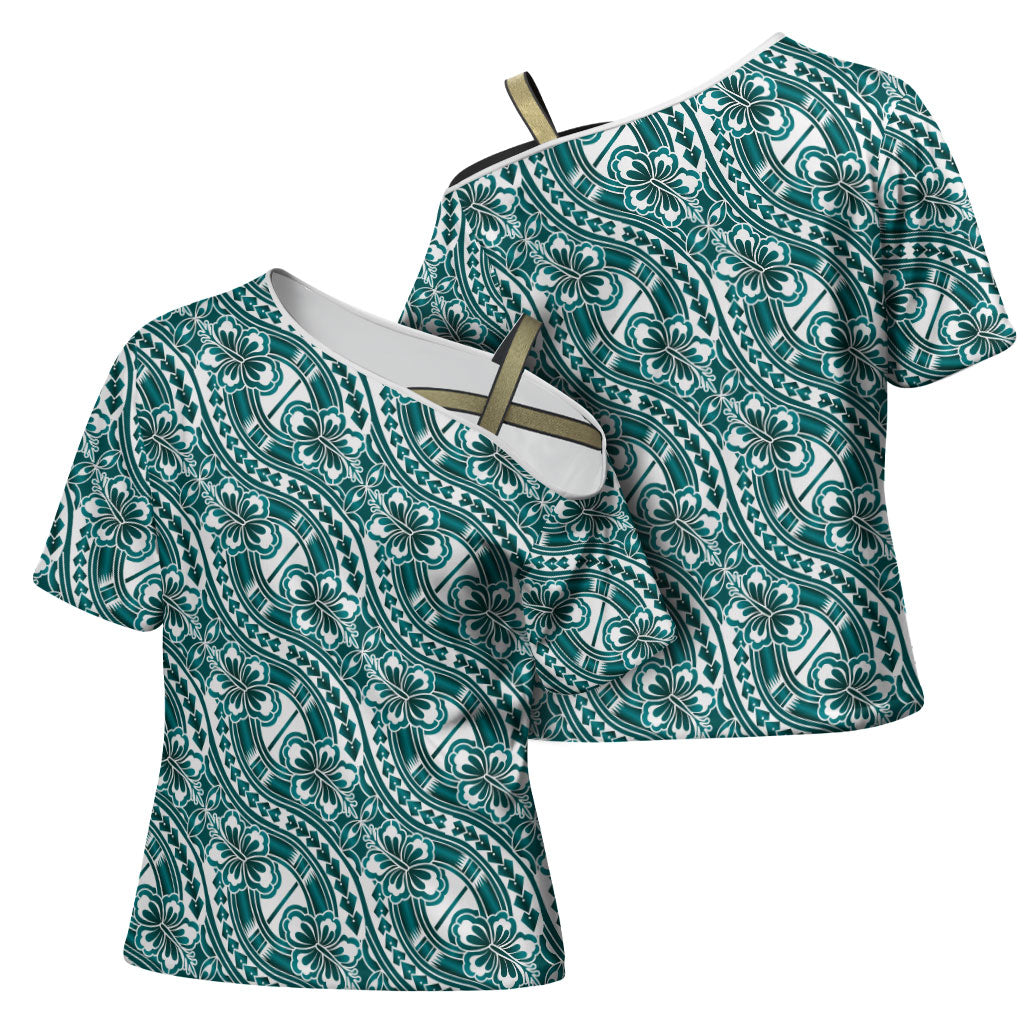 Hibiscus Bloom Island Tribal Waves Cross Shoulder Shirt Teal Polynesian Pattern LT01 - Polynesian Pride