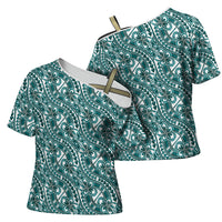 Hibiscus Bloom Island Tribal Waves Cross Shoulder Shirt Teal Polynesian Pattern LT01 - Polynesian Pride