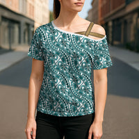 Hibiscus Bloom Island Tribal Waves Cross Shoulder Shirt Teal Polynesian Pattern LT01 - Polynesian Pride