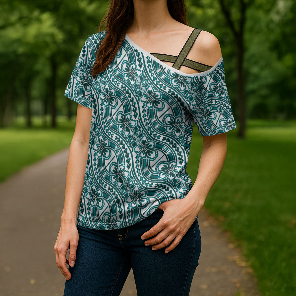 Hibiscus Bloom Island Tribal Waves Cross Shoulder Shirt Teal Polynesian Pattern LT01 - Polynesian Pride