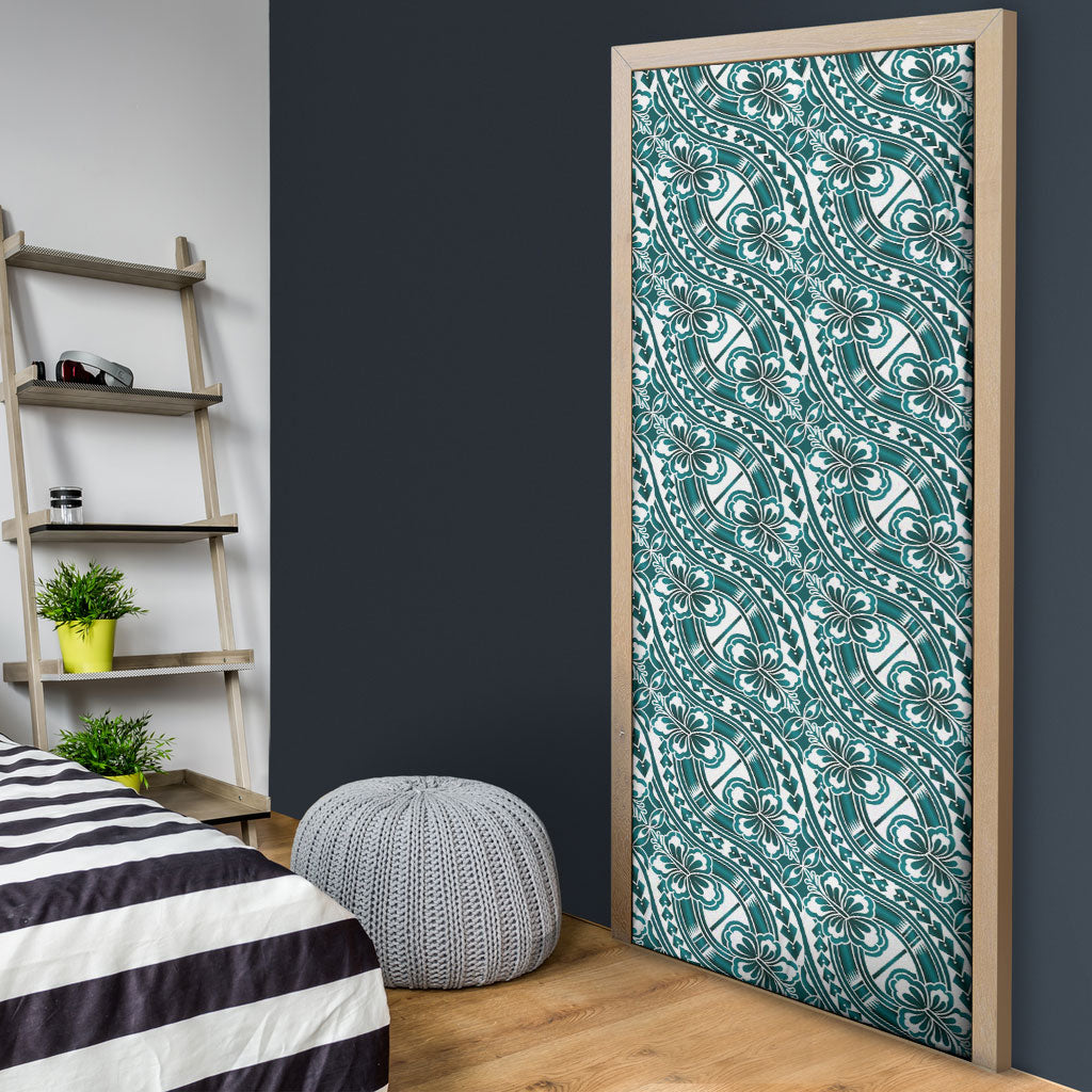 Hibiscus Bloom Island Tribal Waves Door Cover Teal Polynesian Pattern LT01 - Polynesian Pride