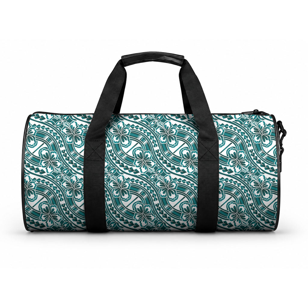 Hibiscus Bloom Island Tribal Waves Duffle Bag Teal Polynesian Pattern