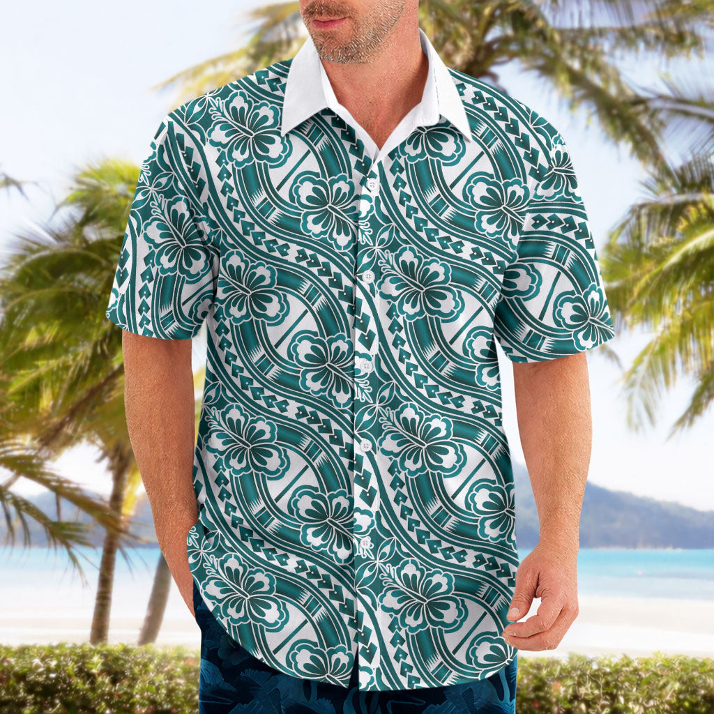 Hibiscus Bloom Island Tribal Waves Hawaiian Shirt Teal Polynesian Pattern LT01 - Polynesian Pride