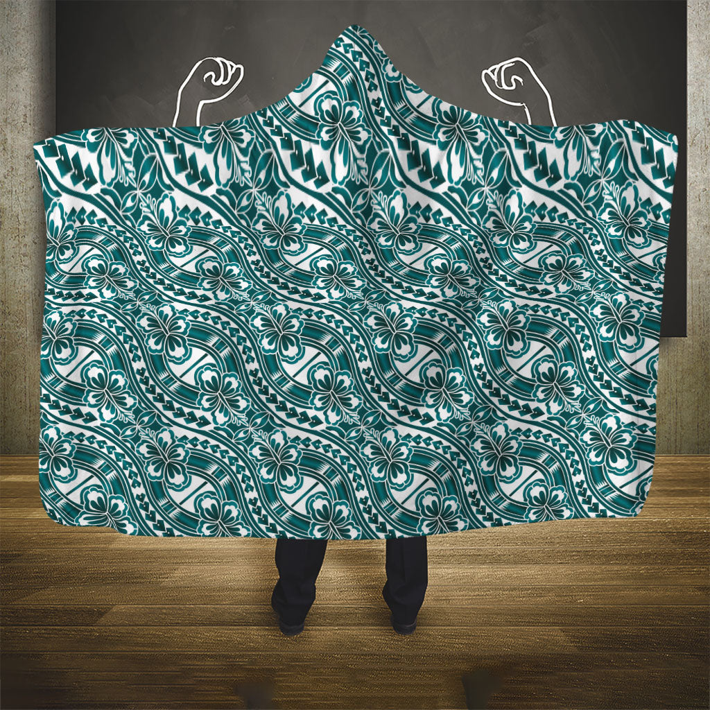 Hibiscus Bloom Island Tribal Waves Hooded Blanket Teal Polynesian Pattern LT01 - Polynesian Pride