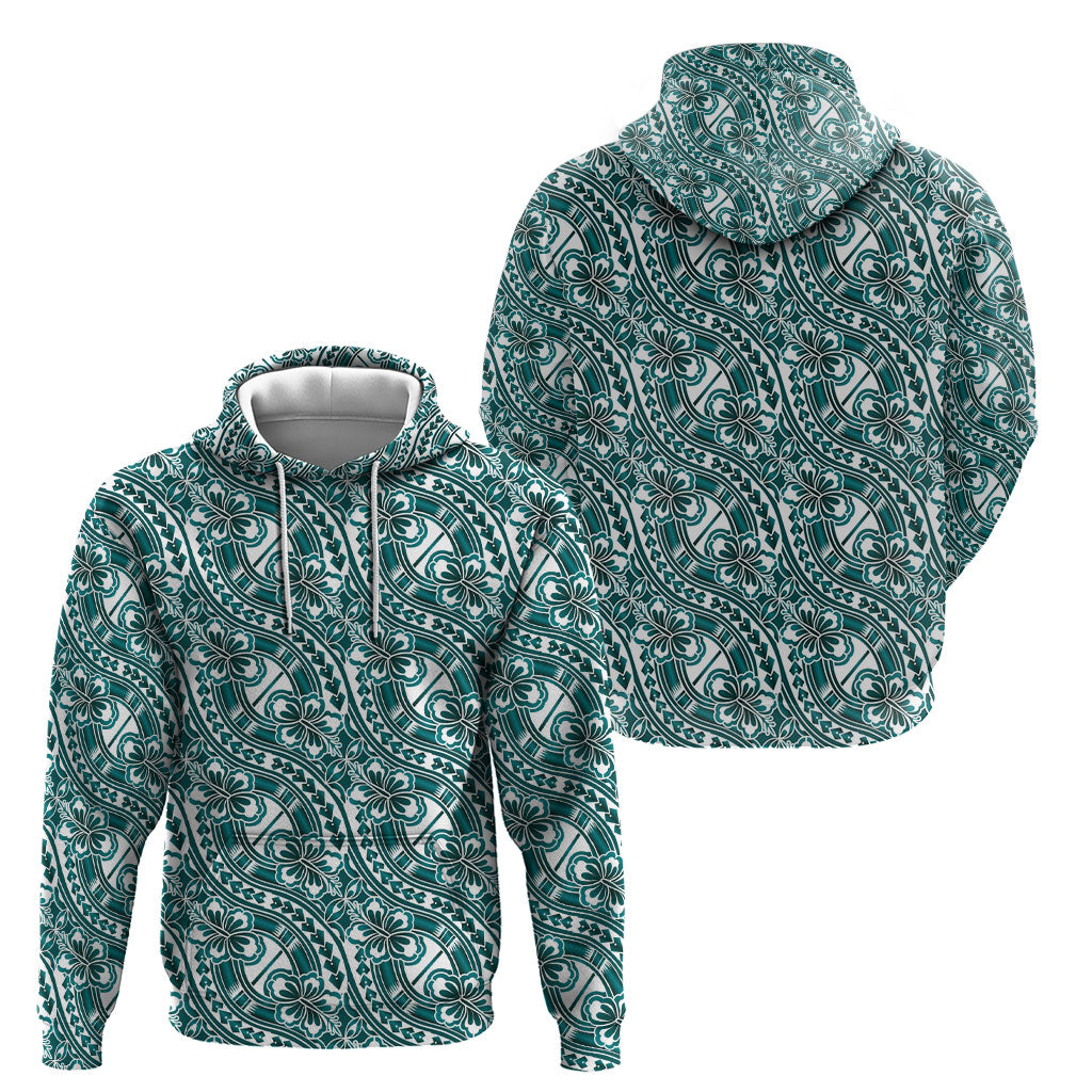 Hibiscus Bloom Island Tribal Waves Hoodie Teal Polynesian Pattern LT01 - Polynesian Pride