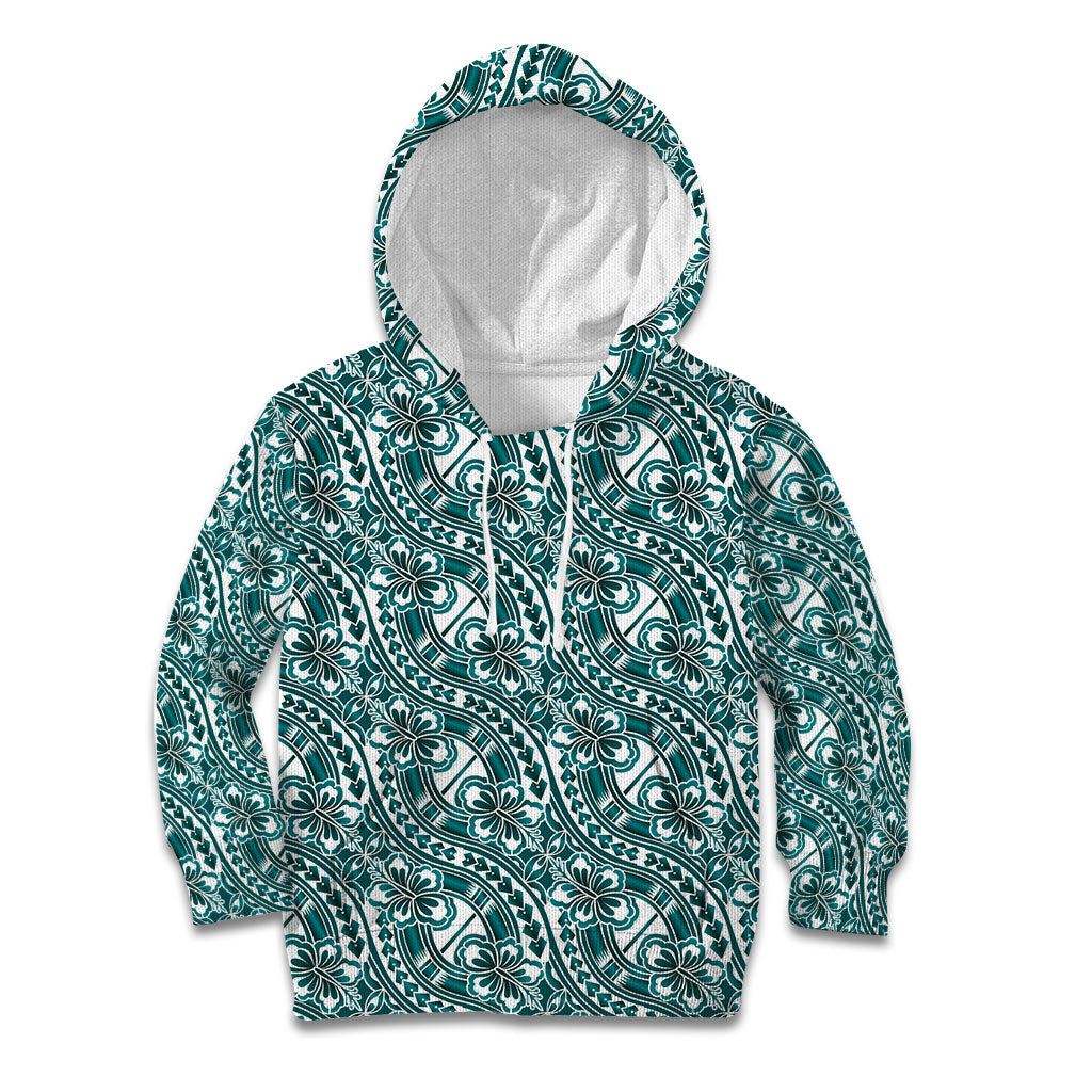 Hibiscus Bloom Island Tribal Waves Kid Hoodie Teal Polynesian Pattern LT01 Hoodie Teal - Polynesian Pride