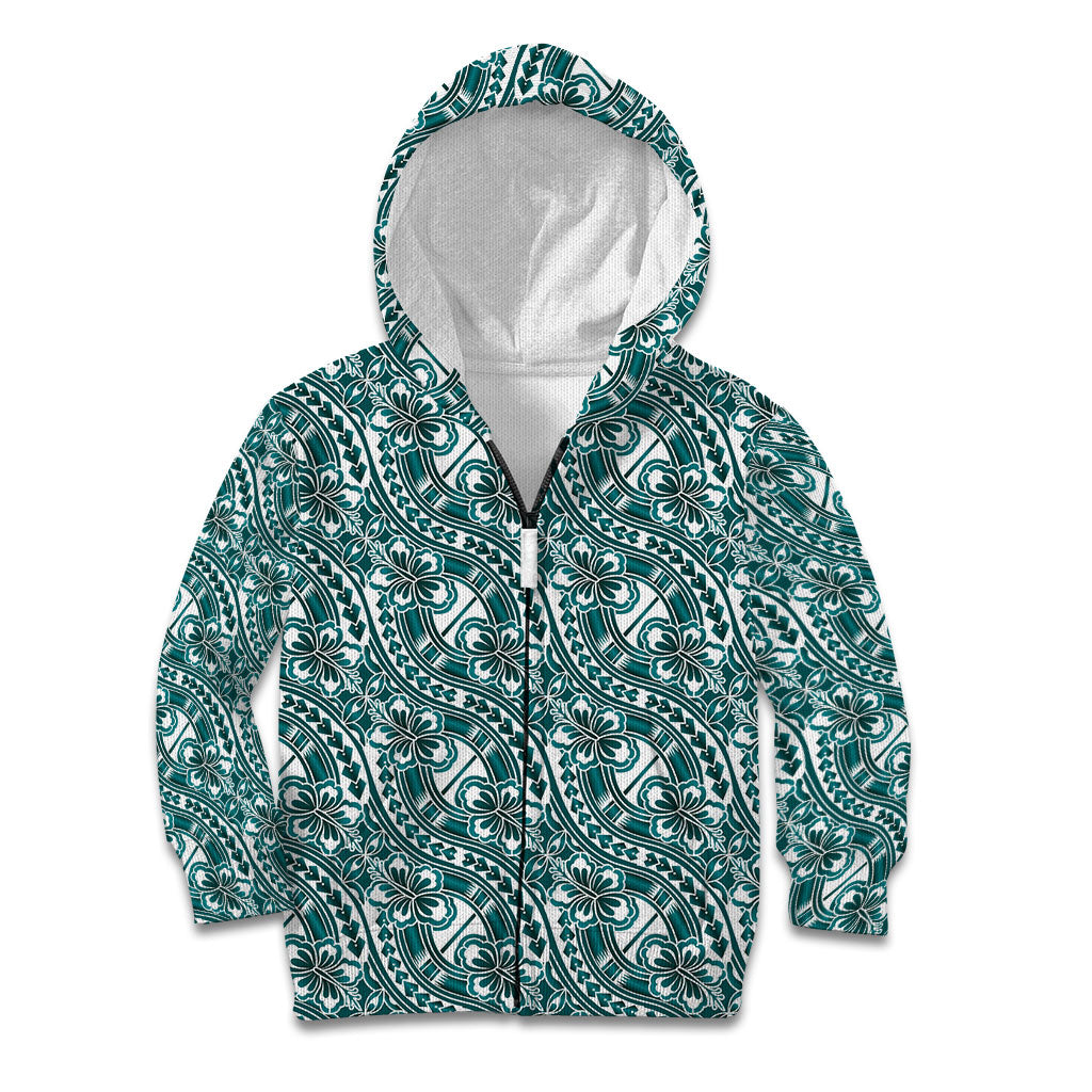 Hibiscus Bloom Island Tribal Waves Kid Hoodie Teal Polynesian Pattern LT01 Zip Hoodie Teal - Polynesian Pride