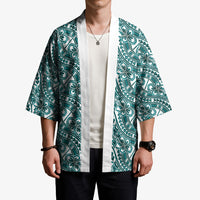 Hibiscus Bloom Island Tribal Waves Kimono Teal Polynesian Pattern LT01 - Polynesian Pride