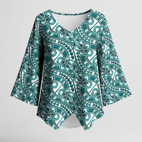 Hibiscus Bloom Island Tribal Waves Kimono Sleeve Blouse Teal Polynesian Pattern LT01 Female Teal - Polynesian Pride