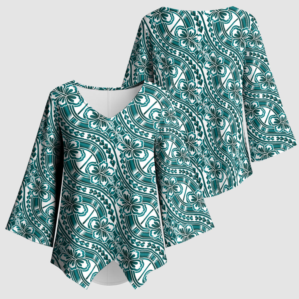 Hibiscus Bloom Island Tribal Waves Kimono Sleeve Blouse Teal Polynesian Pattern LT01 - Polynesian Pride