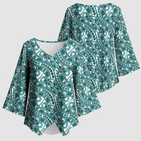 Hibiscus Bloom Island Tribal Waves Kimono Sleeve Blouse Teal Polynesian Pattern LT01 - Polynesian Pride