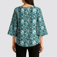 Hibiscus Bloom Island Tribal Waves Kimono Sleeve Blouse Teal Polynesian Pattern LT01 - Polynesian Pride