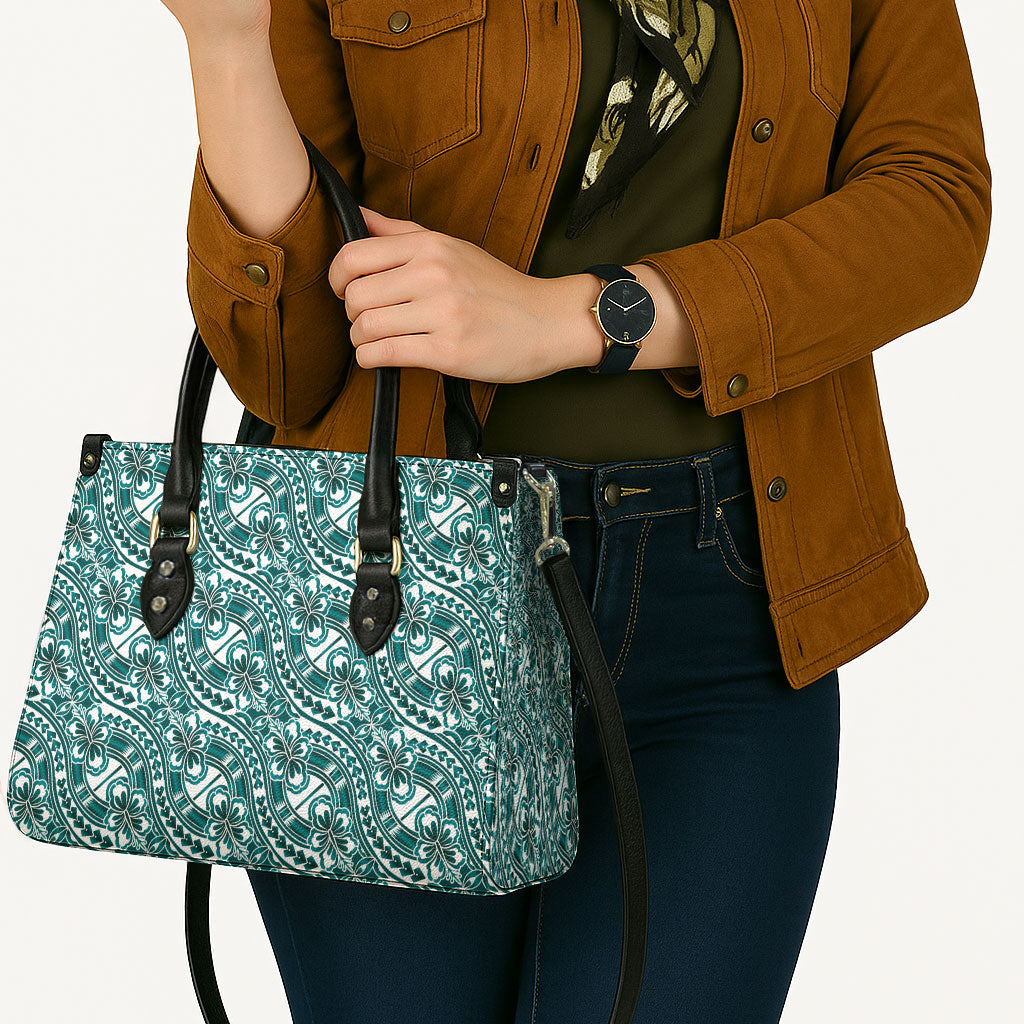 Hibiscus Bloom Island Tribal Waves Leather Bag Teal Polynesian Pattern LT01 - Polynesian Pride