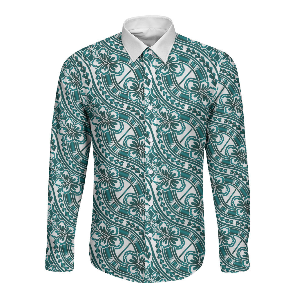 Hibiscus Bloom Island Tribal Waves Long Sleeve Button Shirt Teal Polynesian Pattern LT01 Unisex Teal - Polynesian Pride