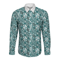 Hibiscus Bloom Island Tribal Waves Long Sleeve Button Shirt Teal Polynesian Pattern LT01 Unisex Teal - Polynesian Pride