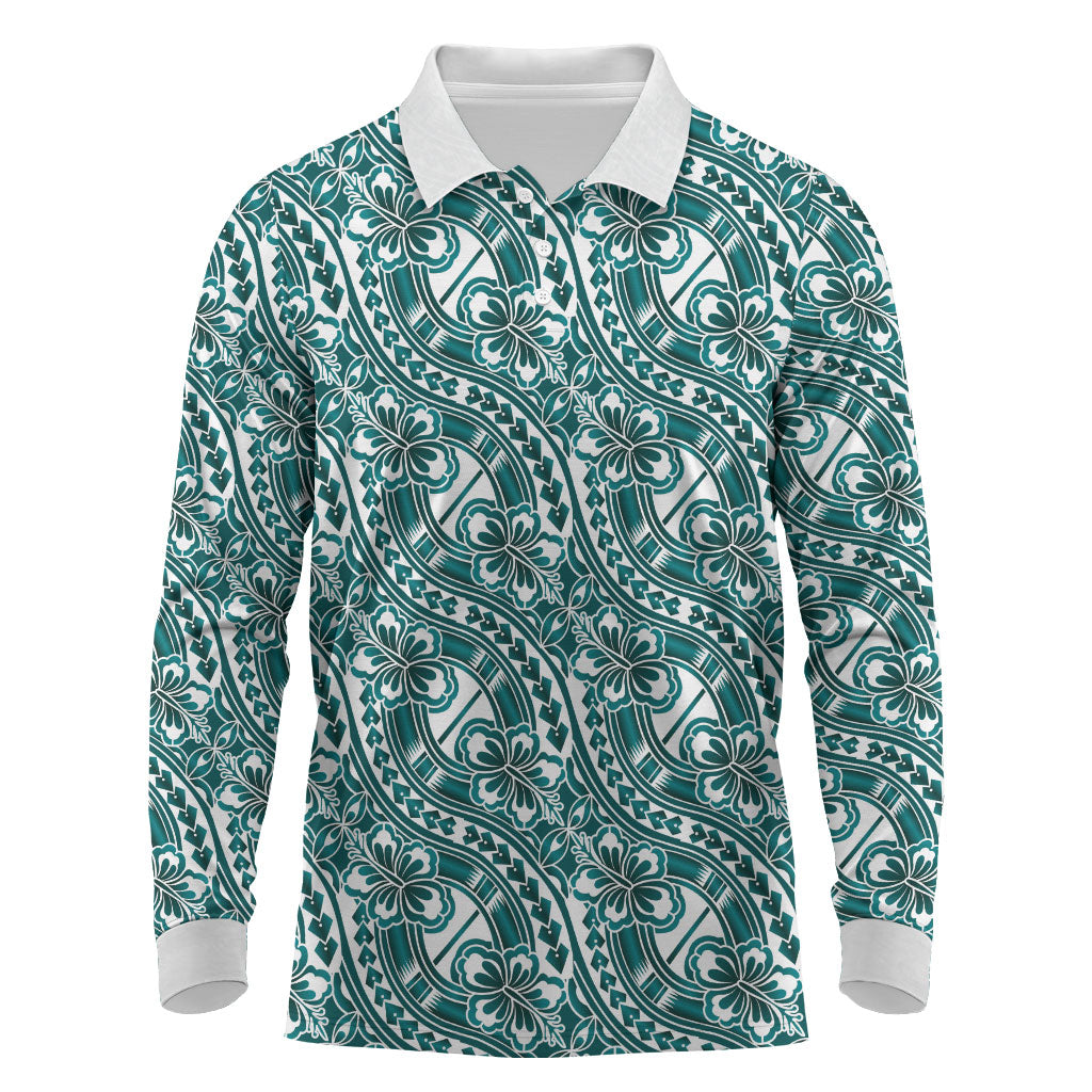 Hibiscus Bloom Island Tribal Waves Long Sleeve Polo Shirt Teal Polynesian Pattern LT01 Teal - Polynesian Pride