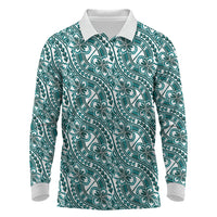 Hibiscus Bloom Island Tribal Waves Long Sleeve Polo Shirt Teal Polynesian Pattern LT01 Teal - Polynesian Pride
