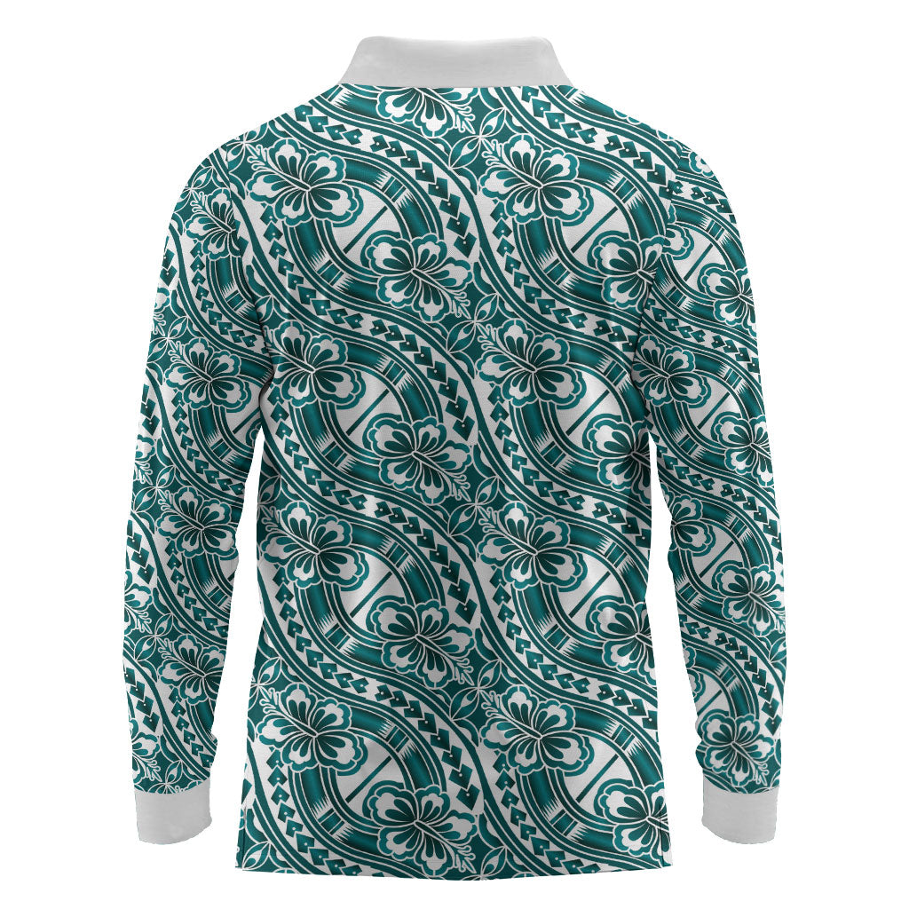 Hibiscus Bloom Island Tribal Waves Long Sleeve Polo Shirt Teal Polynesian Pattern LT01 - Polynesian Pride