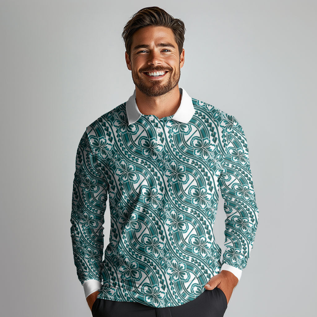 Hibiscus Bloom Island Tribal Waves Long Sleeve Polo Shirt Teal Polynesian Pattern LT01 - Polynesian Pride
