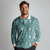 Hibiscus Bloom Island Tribal Waves Long Sleeve Polo Shirt Teal Polynesian Pattern LT01 - Polynesian Pride