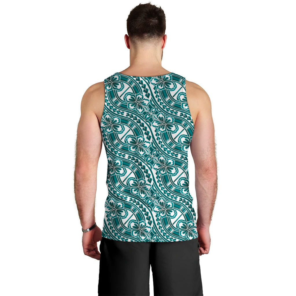Hibiscus Bloom Island Tribal Waves Men Tank Top Teal Polynesian Pattern LT01 - Polynesian Pride