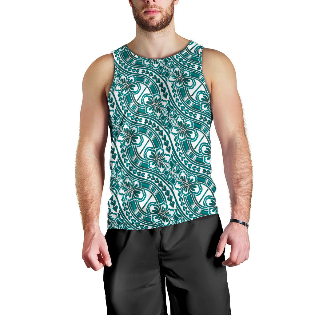 Hibiscus Bloom Island Tribal Waves Men Tank Top Teal Polynesian Pattern LT01 - Polynesian Pride