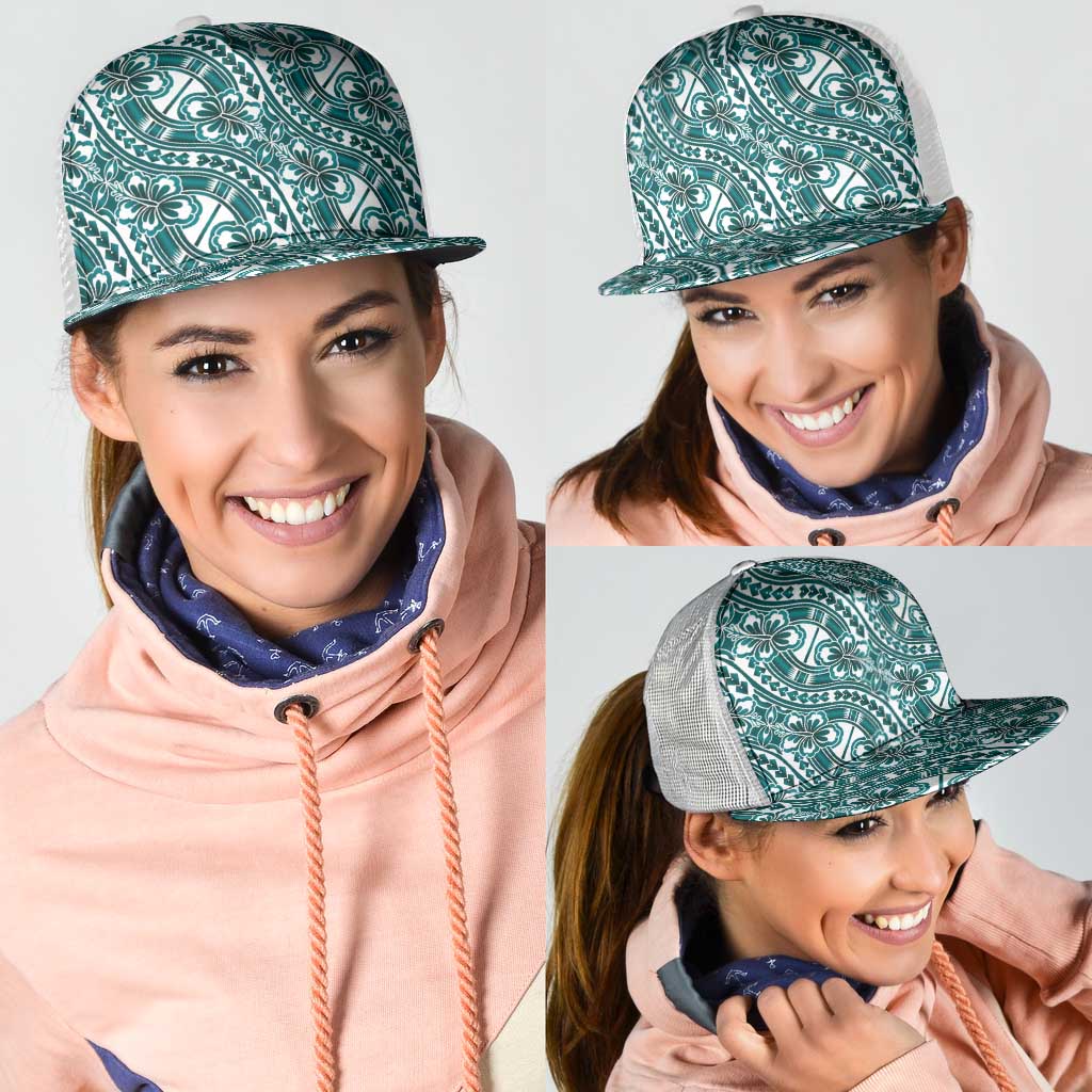 Hibiscus Bloom Island Tribal Waves Mesh Trucker Cap Teal Polynesian Pattern LT01 - Polynesian Pride