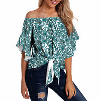Hibiscus Bloom Island Tribal Waves Off Shoulder Wrap Waist Top Teal Polynesian Pattern LT01 Teal - Polynesian Pride